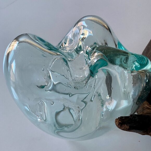 Handmade Art Glass Wood Vase Blown Molten Glass Bowl Teak Base Terrarium NEW - Picture 8 of 16